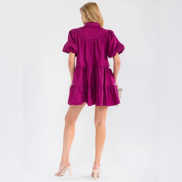 075 • Crochet Trapeze Dress | Cotton Baby Doll Puff Sleeve Tiered Magenta Dress - Picture 4 of 4